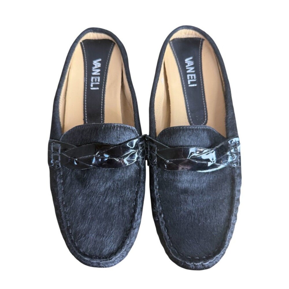 Vaneli Calf Hair Loafers size 7.5M Black Patent Accent Flats Mules Chic Shoes
